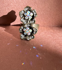 Adjustable Ring with Two Rhinestone Studded Flowers with AB Rhinestone Centers