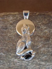 Navajo Indian Sterling Silver Hand Stamped Wolf Onyx Pendant by Yellowhair
