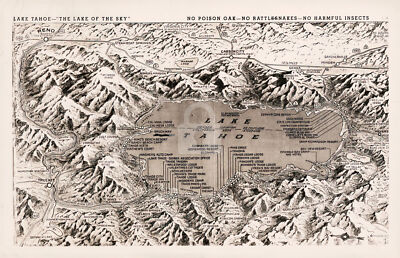 Lake Tahoe - ''The Lake of the Sky'' Map c.1941 Postcard COPY