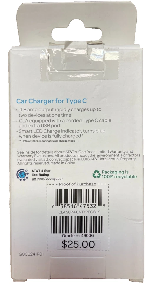 Cargador de Coche AT&T Tipo C Indicador LED Puerto USB Extra 4.8A - Negro - Original AT&T Foto 2 de 4