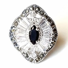 SIZE 6 Marquise Black ONYX CZ Cocktail RING Marcasite .925 STERLING SILVER