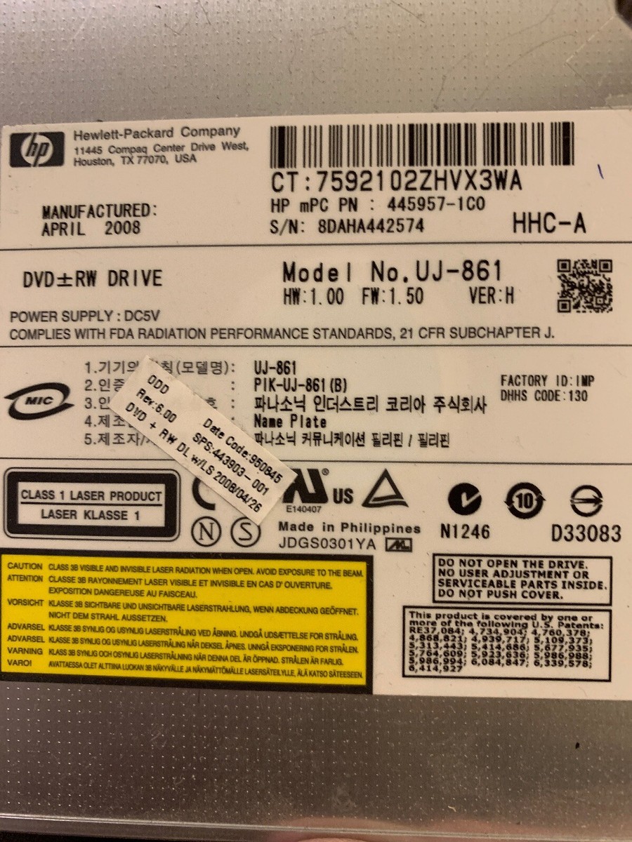 DVD RW Drive Hewlett Packard Model No: UJ-861 Class 1 Laser