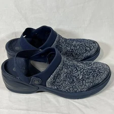 Bzees Womens Kitty Clogs Shoes Blue Floral Elastic Low Heel Slingback Wedge 10.5