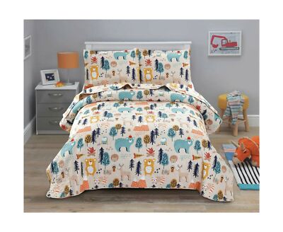 Kids Quilt Bedspreads Twin Size Bear Bedding Set,3Pcs Forest Trees Animals Co...