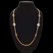 34” Vtg. SHB Gold Tone Chain with Black Enamel Faux Pearl Rhinestone Necklace
