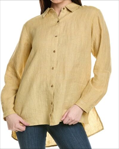 Eileen Fisher Womens Tunic Button Up Shirt Yellow Butter Linen Oversized Medium - Picture 1 of 15
