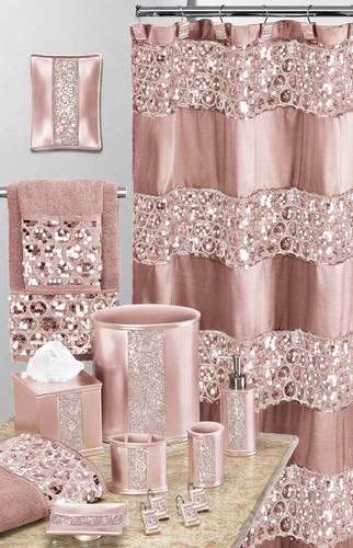 Luxury Blush 13pc Polyester Shower Curtain Set with 12 Hooks - Modern Elegance - Picture 9 of 10