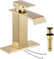 Brushed Gold Waterfall Bathroom Sink Faucet with Metal Drain and Hoses
