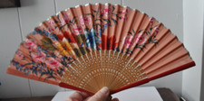 Vintage Folding Hand Fan Chinese Style Paper Wood Floral Design