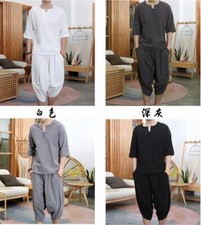 Summer Men's 2pc Cotton Linen Walking Suit Short Sleeve Casual Shirt  Pants Set