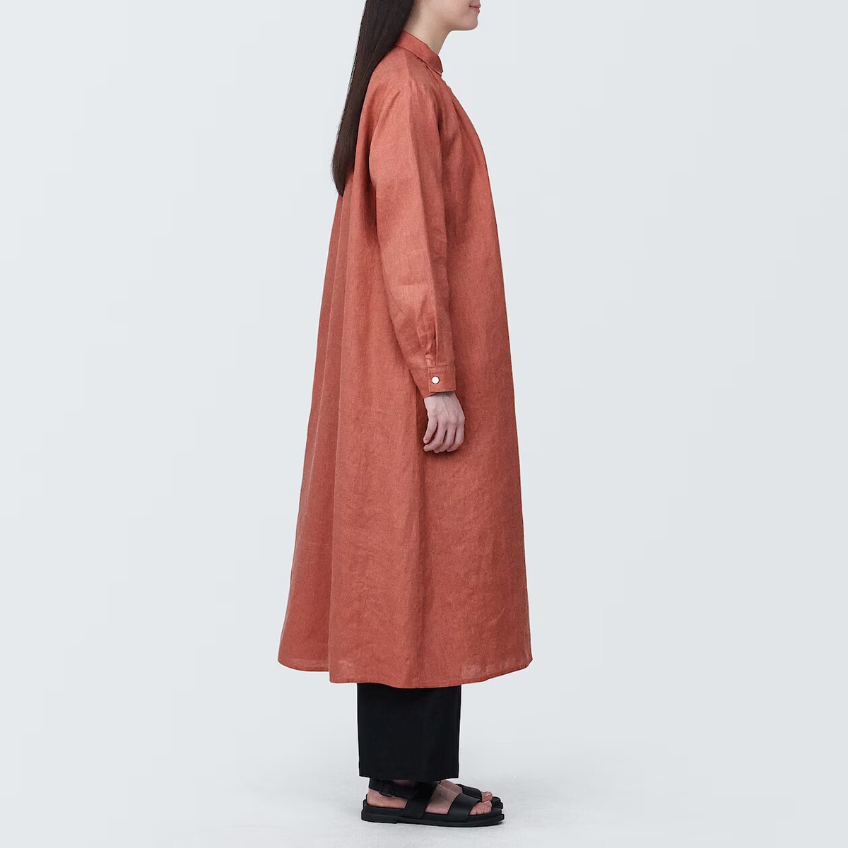 MUJI Womens 100% Linen Washed Long Sleeve Shirt Dress Red