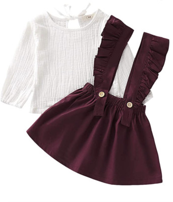 HYUI Toddler Girl Long Sleeve Cotton Linen Shirt & Ruffle Suspender Skirt, 4-5T