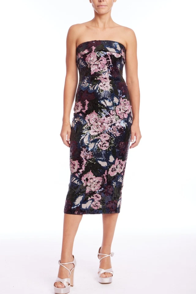 Badgley Mischka Strapless Beaded Sequin Floral Midi Dress $695 Navy multi sz 4 - Image 4 of 4