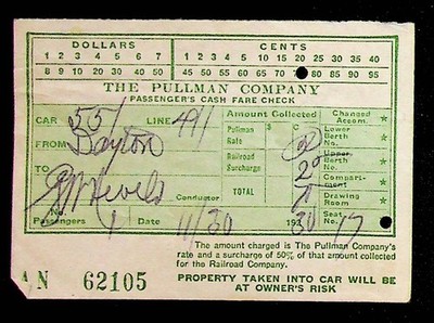 Pullman Company Eisenbahn Zug Passagier Bargeld Fahrpreis Scheck 1930 Verlassen Dayton OH