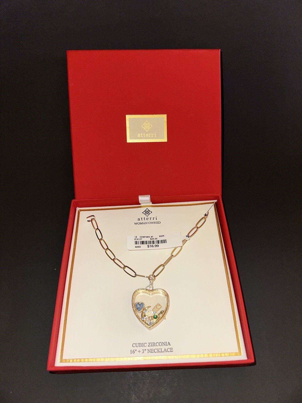 atterri Cubic Zirconia Heart Pendant Necklace Gold Tone 16+3 in Charm