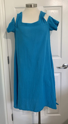 OH MY Gauze Dress Womens S / M Blue Cotton Cold Shoulder Knee Length Lagenlook