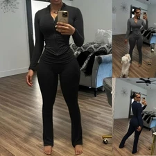 Womens 2Pcs Outfits Workout Set Long Sleeve Tracksuit Zip Up Fitness Sweatsuits