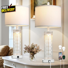 28 Inch White Print Glass Table Lamps Set of 2 with Night Light