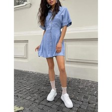 Commense Light Blue Button-Front Mini Shirt Dress XS.
