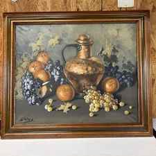 Vintage Oil Painting of fruits and vase Framed & Signed 27x23 inches 