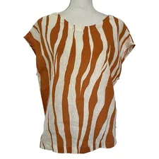 Rachel Zoe 100% Linen Zebra Animal Print Top Size M  Boxy Button Back Beachy