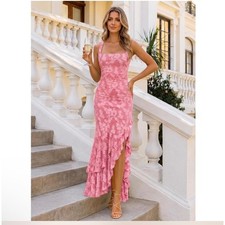 Pink Floral Burnout Ruffle High Low Maxi Dress Square Neck Ruched XS