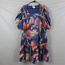 Farm Rio Dress Medium Navy Colorful Toucans Midi Puff Sleeve Boho Chic Femenine