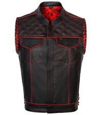 Men's Black Leather Vest Diamond Motorbike Motorcycle Red Concealed Waistcoat