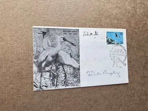 India 1976 FDC +Water Bird #713 +Spoon Bill B&W Cachet +2 Autographs +Topical