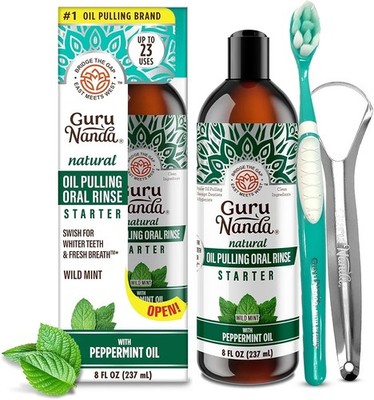 GuruNanda Coconut Mint Oil Pulling Mouthwash 8 oz Tongue Scraper and Toothbrush