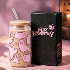Halloween Ghost Gift for Women Pink Glass Cup with Lid and Straw