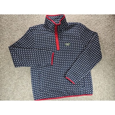 LL Bean Sweater Fleece Pullover Mens Medium Navy Blue Birdseye Print 1/4 Snap