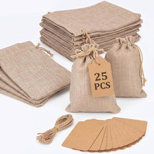 25PCS Burlap Drawstring Bags with Gift Tags, 3.5 X 5 inches  Washable Reusable