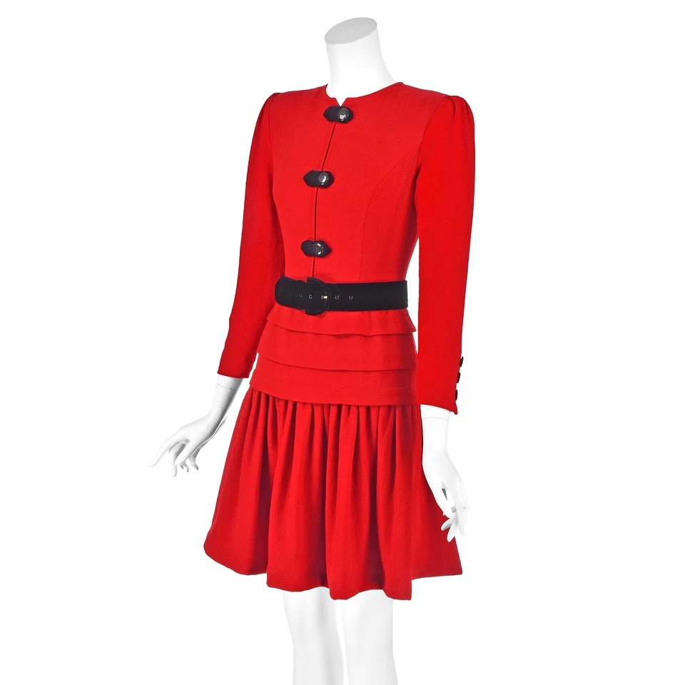 Mini Vestido VALENTINO Vintage Rojo Lana Crepé con Acentos de Terciopelo Negro Talla 4 Pequeño Foto 4 de 4