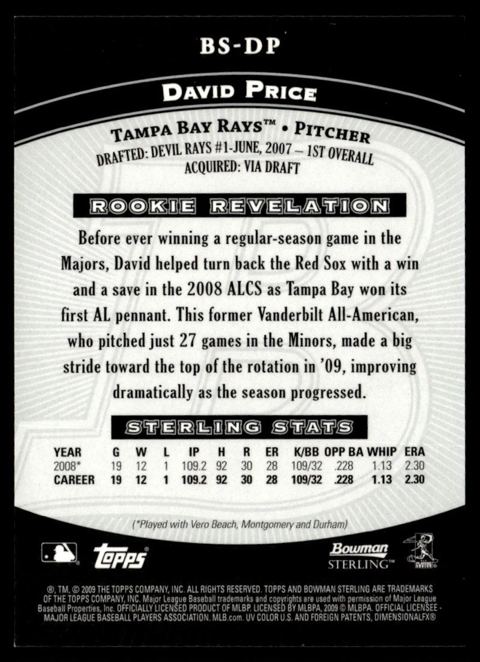 2009 Bowman Sterling Rookie David Price #BS-DP - Image 2 of 2