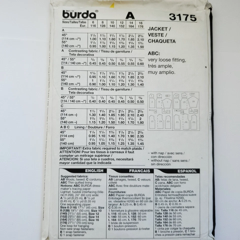 90s Burda Pattern 3175 Boys Jacket Collar Zip Up Barn Chore 6 8 10 12 14 16 - Image 3 of 3