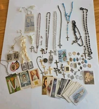 Lot of vintage religious Metals,  rosary, Cards, Trinkets, ST. Chris HUGE! As Is