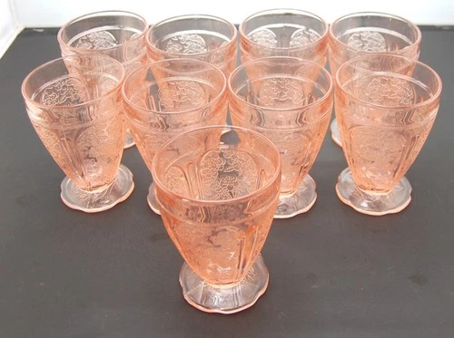 Cherry Blossom Footed Water Tumblers Pink Set of 9 Depression Glass