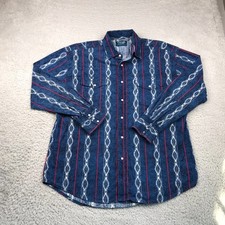 Wrangler Western Shirt Mens L Blue Aztec Striped Cowboy Pearl Snap Brushpopper
