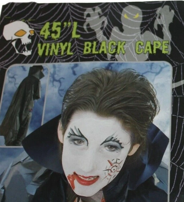 Combo, Capa Negra Vinilo Vampiro 45", 1 Maquillaje con Colmillos Foto 2 de 2