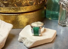 Genuine 925 Sterling Silver Emerald Gemstone Wide Band Ring Size 8