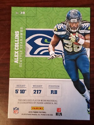 2016 Panini Squires Jerseys #38 Alex Collins Seattle Seahawks RC