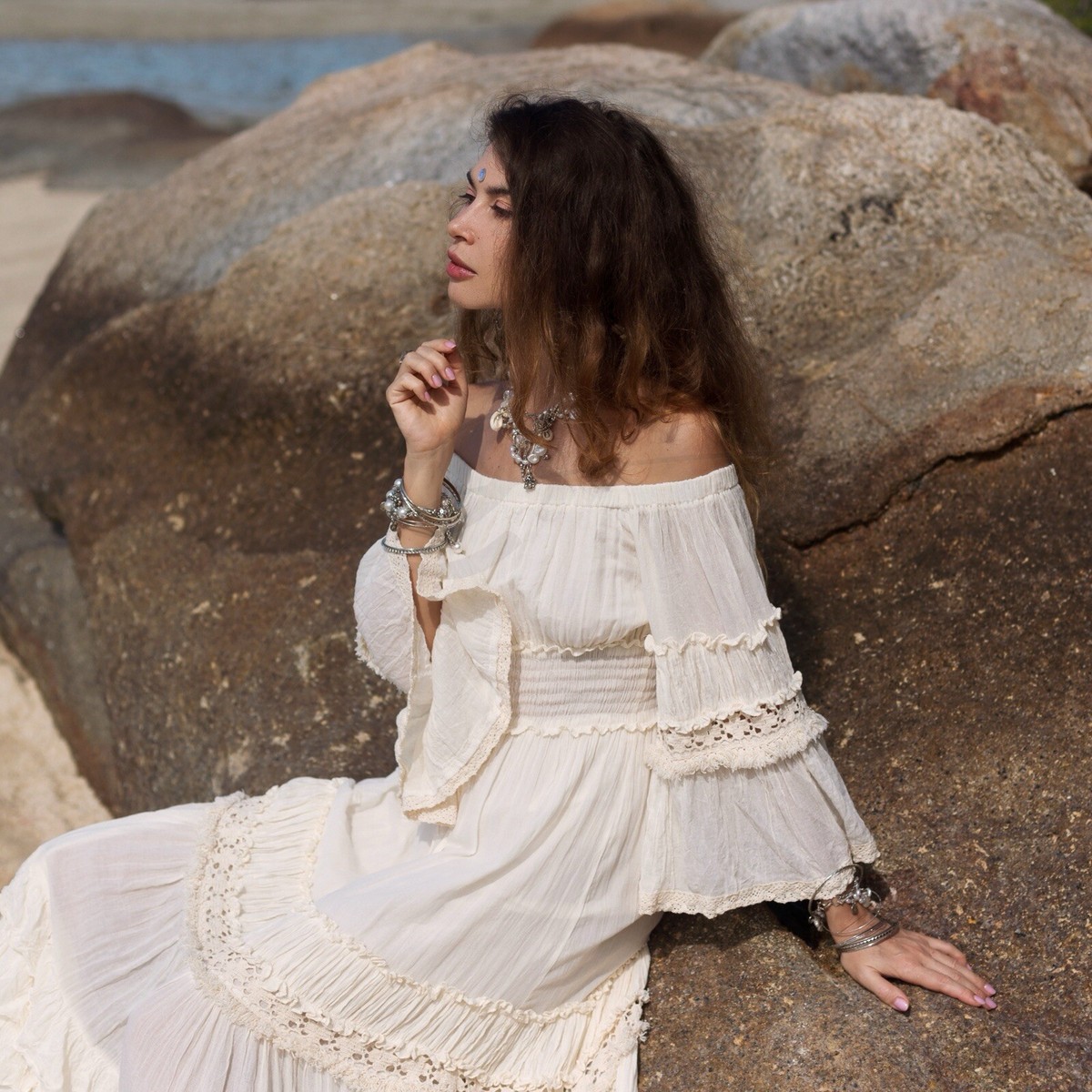 cotton maxi beach dress French Style v neckline dress with a comfortable smocked Color:Lumin-icecent (932) Wear Outfit Ideas For