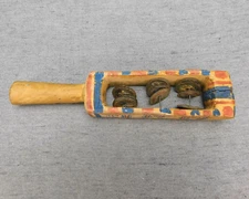 Vintage Handmade Wood Tambourine Stick Medicine Man Rattle Painted Clean Used