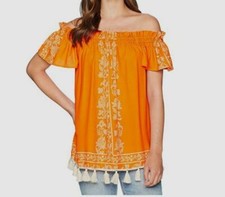 $295 Show Me Your Mumu Women's Orange Ruffle Trim Off-Shoulder Tunic Top Size S