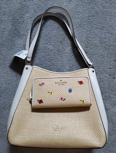 Kate Spade Med. Straw Leila Purse & Staci Garden Bouquet Straw Large Wallet Set