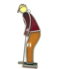 Vtg Hanging Suncatcher Stained Glass Man Golfer Handmade Golf Club Window Golf