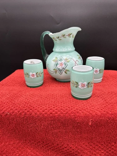FENTON - B.Fenton  GREEN DIAMOND JUBILEE PITCHER/3 GLASSES - Gorgeous!!!!!!