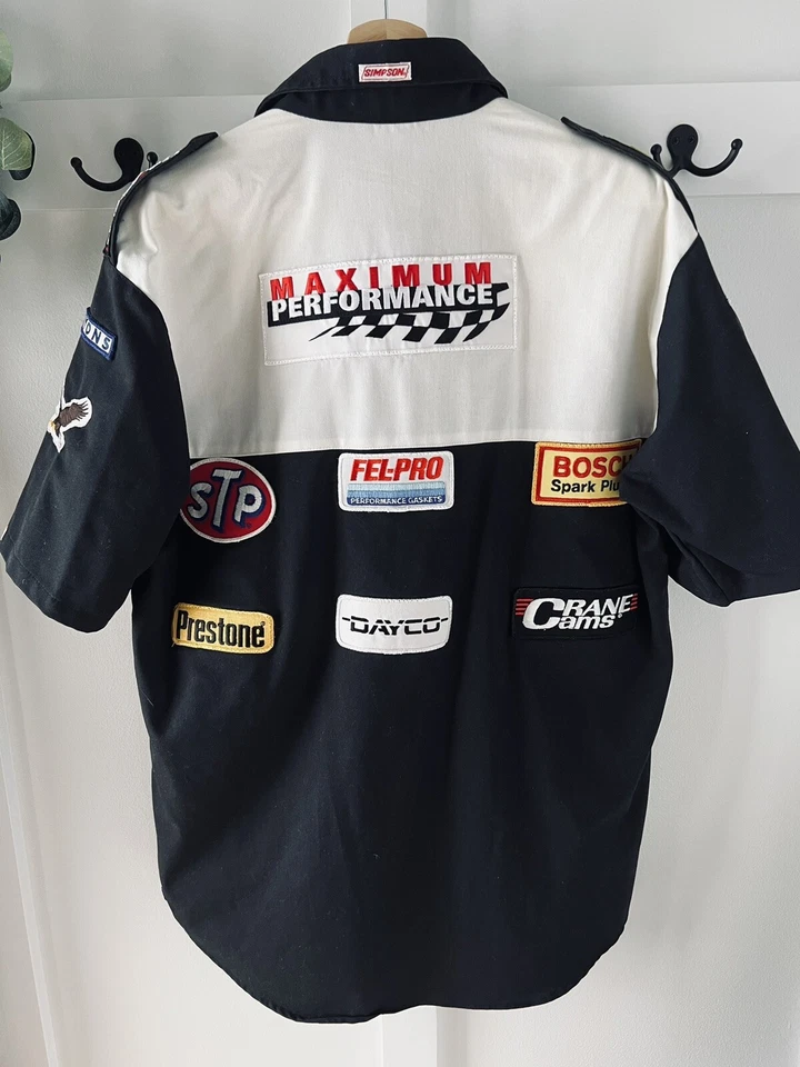 Vintage Simpson Button Shirt Racing Patches 50/50 USA L Pit Crew Bowling 70s 80s - Image 4 of 4