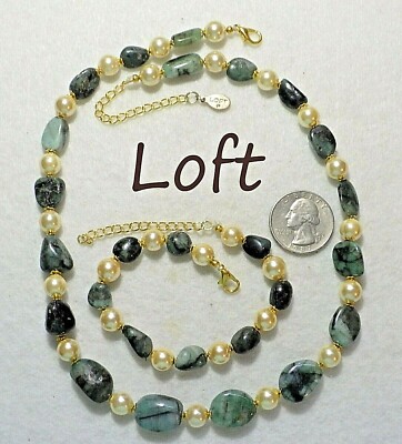 Signed LOFT Green Marbled Stone & Cream Glass Pearl Necklace/Bracelet Set